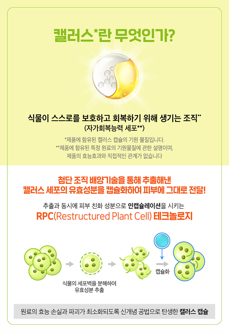 08. 캘러스란 무엇인가? 식물이 스스로를 보호하고 회복하기 위해 생기는 조직(자가 회복능력 세포). 첨단 조직 배양기술을 통해 추출해낸 캘러스 세포의 유효성분을 캡슐화하여 피부에 그대로 전달! 추출과 동시에 피부 친화 성분으로 인캡슐레이션을 시키는 RPC(Restructured Plant Cell) 테크놀로지 식물의 세포벽을 분해하여 유효성분 추출. 원료의 효능 손실과 파괴가 최소화되도록 신개념 공법으로 탄생한 캘러스 캡슐