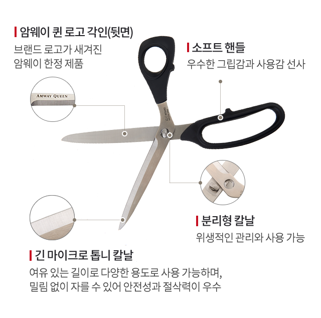 1)암웨이 퀸 로고 각인(뒷면):브랜드 로고가 새겨진 암웨이 한정 제품 / 2)소프트 핸들:우수한 그림갑과 사용감 선사 / 3)긴 마이크로 톱니 칼날:여유 있는 길이로 다양한 용도로 사용 가능하며, 밀림 없이 자를 수 있어 안정성과 절삭력이 우수 / 4)분리형 칼날:위생적인 관리와 사용 가능