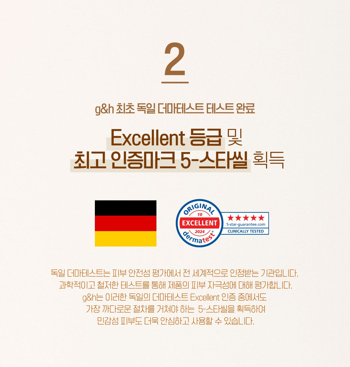 2. g&h 최초 독일 더마테스트 테스트 완료 Excellent 등급 및  최고 인증마크 5-스타씰 획득 독일 더마테스트는 피부 안전성 평가에서 전 세계적으로 인정받는 기관입니다.  과학적이고 철저한 테스트를 통해 제품