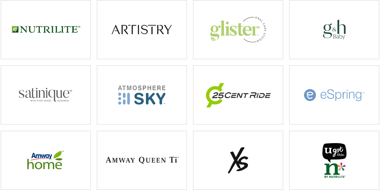 뉴트리라이트, 아티스트리, 글리스터, gnh, 새티니크, 엣모스피어, 25센트라이드, 이스프링, 암웨이홈, 암웨이퀸, XSENERGY, n by Nutrilite 로고