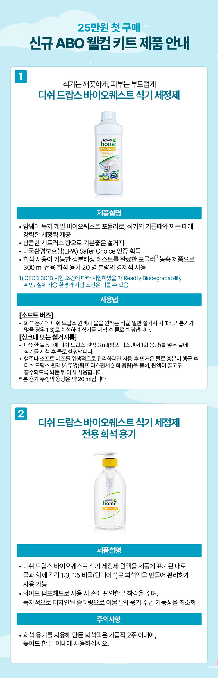 25만원 첫 구매 신규 ABO 웰컴 키트 제품 안내 / 1 식기는 깨끗하게, 피부는 부드럽게 디쉬 드랍스 바이오퀘스트 식기 세정제, 2 디쉬 드랍스 바이오퀘스트 식기 세정제 전용 희석 용기