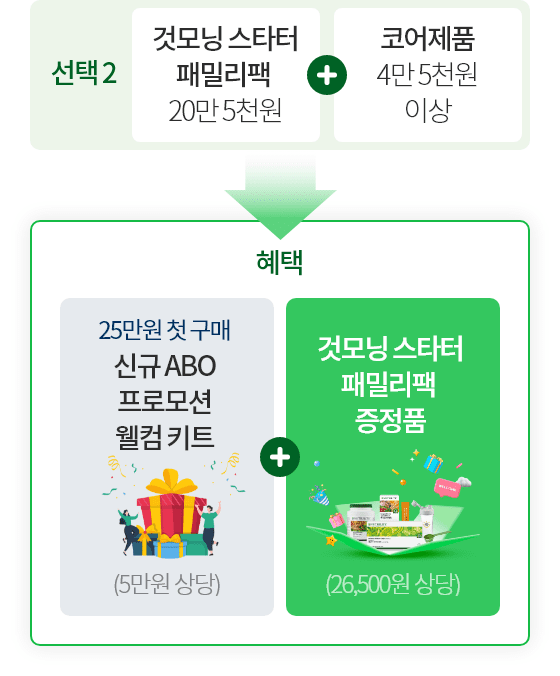 선택 2 것모닝 스타터 패밀리팩 20만 5천원 + 코어제품 4만 5천원 이상 / 혜택 : 25만원 첫 구매 신규 ABO 프로모션 웰컴 키트(5만원 상당), 것모닝 스타터 패밀리팩 증정품(26,500원 상당)