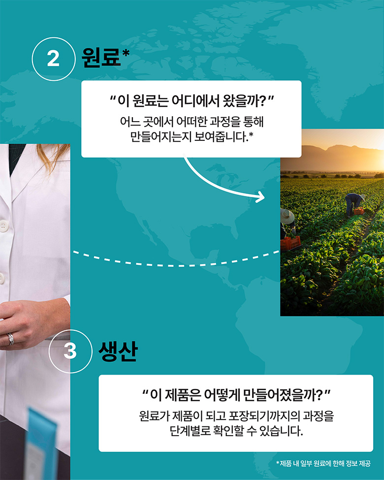 2. 원료 - 이 원료는 어디에서 왔을까? 어느 곳에서 어떠한 과정을 통해 만들어지는지 보여줍니다.
3. 생산 - 이 제품은 어떻게 만들어졌을까? 원료가 제품이 되고 포장되기까지의 과정을 단계별로 확인할 수 있습니다.