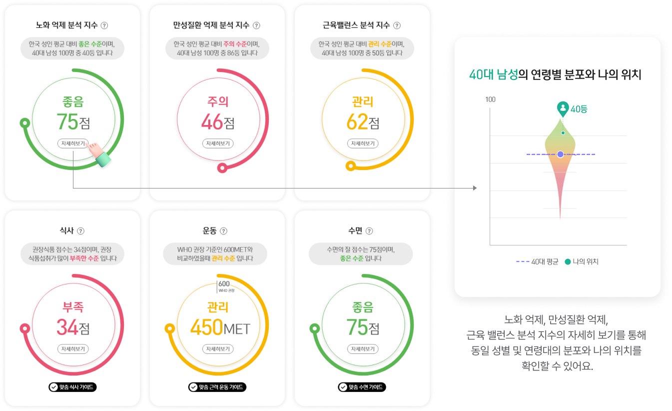 노화 억제, 만성질환 억제, 근육 밸런스 분석 지수의 자세히 보기를 통해 동일 성별 연령의 분포와 나의 위치를 확인할 수 있어요.