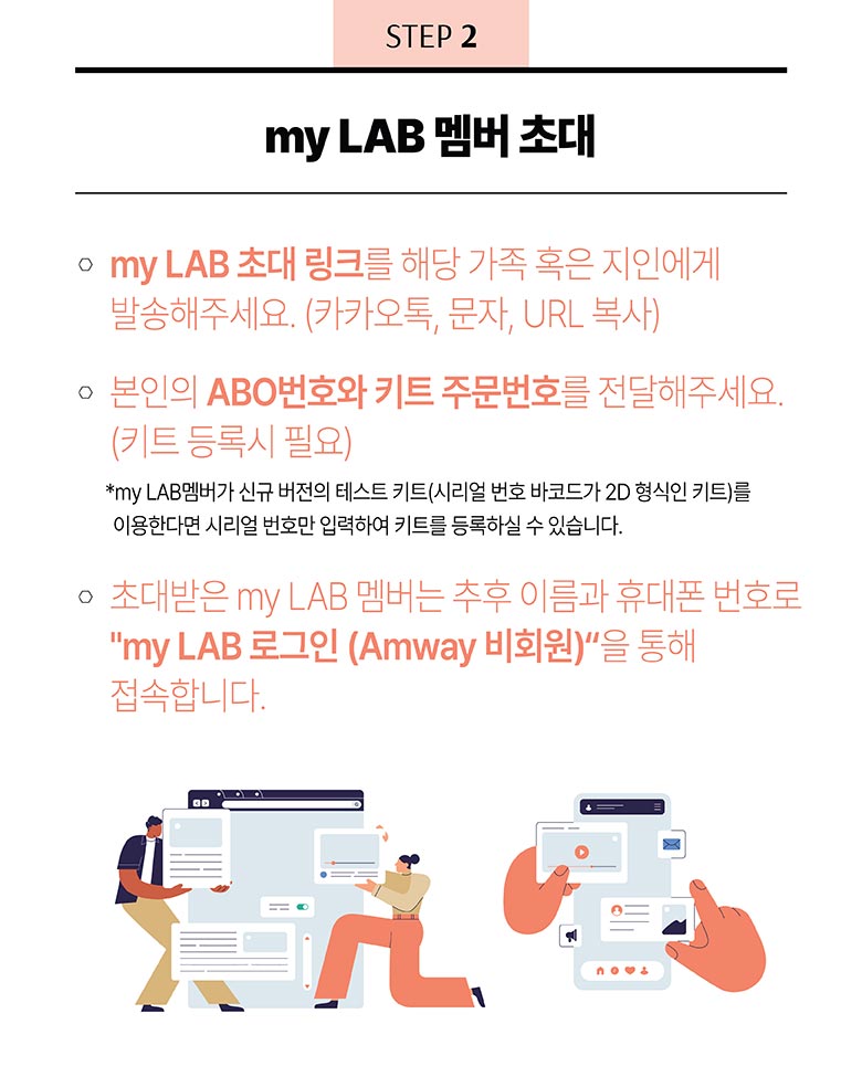 STEP 2 - my LAB 멤버 초대 - 1. my LAB 초대 링크를 해당 가족 혹은 지인에게 발송해주세요(카카오톡, 문자, URL 복사) 2. 본인의 ABO번호와 키트 주문번호를 전달해주세요.(키트 등록시 필요) *my LAB멤버가 신규 버전의 테스트 키트(시리얼 번호 바코드가 2D 형식인 키트)를 이용한다면 시리얼 번호만 입력하여 키트를 등록 하실수 있습니다. 3. 초대받은 my LAB 멤버는 추후 이름과 휴대폰 번호로 “my LAB 로그인 (Amway 비회원)”을 통해 접속합니다. 