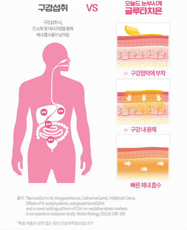 구강섭취 구강섭취 시, 긴 소화 및 대사과정을 통해 체내 흡수율이 낮아짐 VS 오늘도 눈부시게 글루타치온 구강점막에 부착 구강 내 용해 빠른 체내 흡수