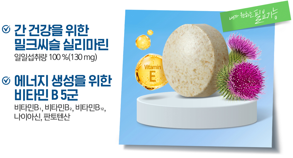 간 건강을 위한 밀크씨슬 실리마린 / 에너지 생성을 위한 비타민 B 5군 알약 이미지