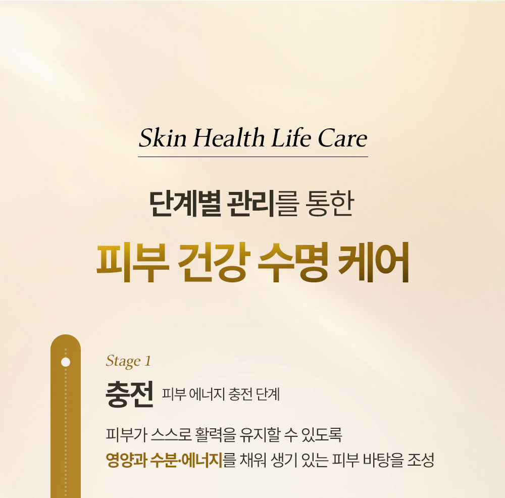 단계별 관리를 통한 피부 건강 수명 케어 Stage1 충전 피부 에너지 충전 단계