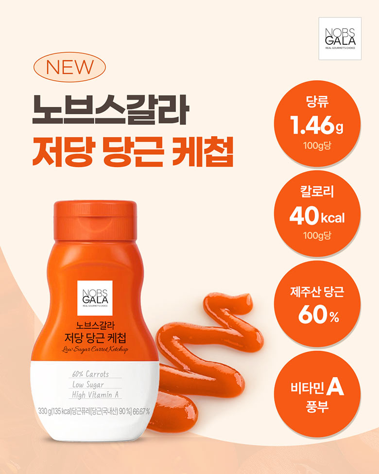 저당 당근 케첩 / 당류 1.46g / 칼로리 40kcal / 제주산 당근 60% / 비타민A 풍부 *당류, 칼로리 100g 기준