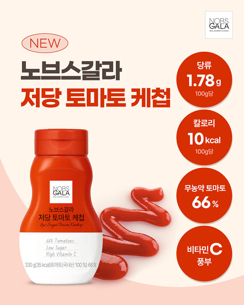 저당 토마토 케첩 / 당류 1.78g / 칼로리 10kcal / 무농약 토마토 66% / 비타민C 풍부 *당류, 칼로리 100g 기준